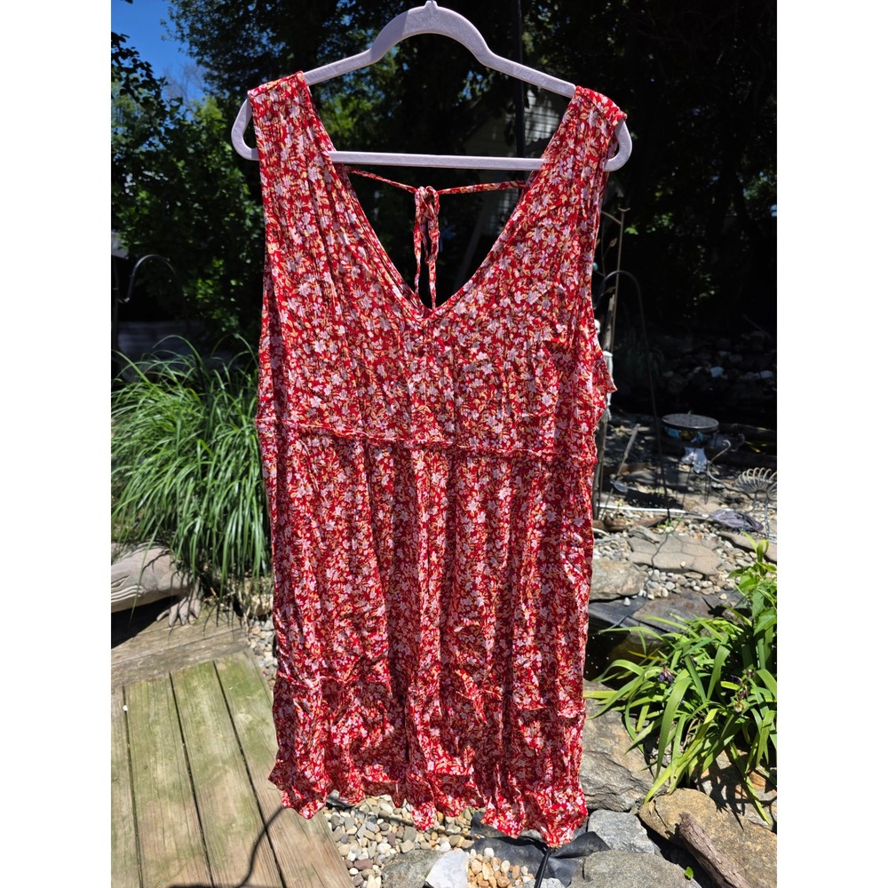 True Craft Red Floral Babydoll Dress Sleeveless V-Neck Ruffle Hem 2X NWT